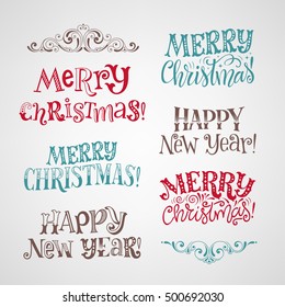 Vector set of holidays lettering. Merry Christmas and Happy New Year calligraphy for invitation and greeting card, prints and posters. Hand drawn typographic inscription, calligraphic design