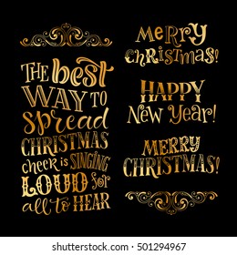 Vector set of holidays lettering. Merry Christmas and Happy New Year text for invitation and greeting card, prints and posters. Typographic and calligraphic design. Golden text on black background