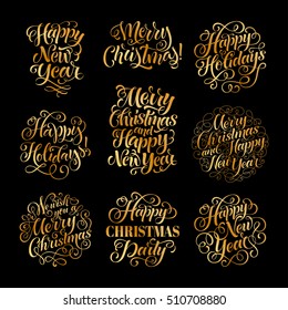 Vector set of holidays lettering. Merry Christmas and Happy New Year calligraphy for invitation and greeting card, prints, posters. Hand drawn typographic inscriptions. Golden text on black background