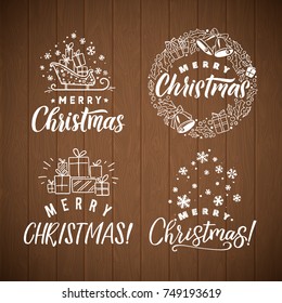 Vector set of holidays lettering. Merry Christmas text for invitation and greeting card, prints, posters. Hand drawn calligraphic design on wood background
