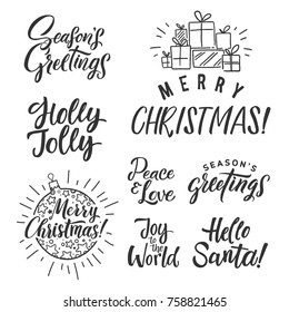 Vector set of holidays lettering. Merry Christmas text for invitation and greeting card, prints, posters. Hand drawn calligraphic design on white background