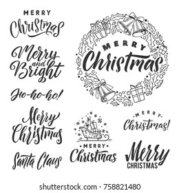 Vector set of holidays lettering. Merry Christmas text for invitation and greeting card, prints, posters. Hand drawn calligraphic design on white background