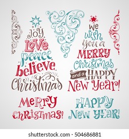 Vector set of holidays lettering and ornamental elements. Merry Christmas and Happy New Year text lettering for invitation and greeting card, prints and posters. Hand drawn calligraphic design