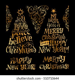 Vector set of holidays lettering and ornamental elements. Merry Christmas and Happy New Year text lettering for invitation and greeting card, prints and posters. Hand drawn golden calligraphic design