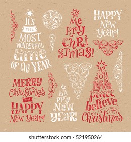 Vector set of holidays lettering and ornamental elements. Merry Christmas and Happy New Year calligraphy for invitation and greeting card, prints, posters. Hand drawn design on craft paper background