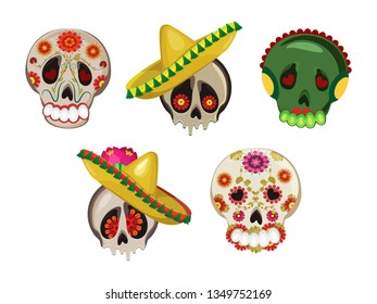 Vector set for the holidays painted skull. Isolated objects on a transparent background.