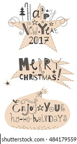Vector set of holidays signs, Merry Christmas, Happy New Year, Enjoy your ho-ho-holidays. Funny hand drawn font. Calligraphy collection, text design. Lettering for card, greeting or invintation