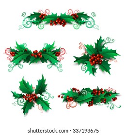 Vector set of holly berries design elements. Christmas page decorations and dividers isolated on white background. Can be used for your Christmas invitations or congratulations.