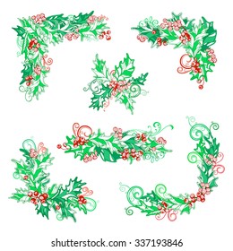 Vector set of holly berries design elements. Christmas corners, page decorations and dividers isolated on white background.