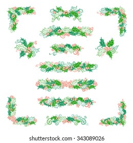 Vector set of holly berries design elements isolated on white background. Hand-drawn Christmas corners, page decorations and dividers. Ornate elements for your festive design.