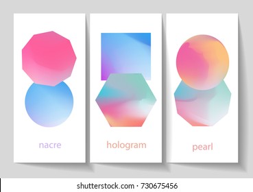 Vector set of hologram of geometric figures in cosmic style on white background.
