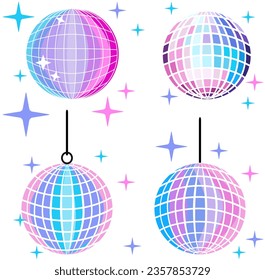 Vector set of holographic disco balls, colors transition from pink to blue