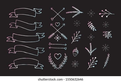 Vector Set of holographic hand drawn doodle winter Christmas elements,arrows,ribbons, symbols. Bundle of doodle isolated on black background