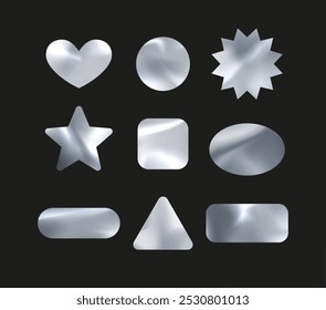 Vector set of holographic silver stickers: stars, circle, square, hearts, triangle and rectangle. Icons suitable for labels or packaging on a black background.