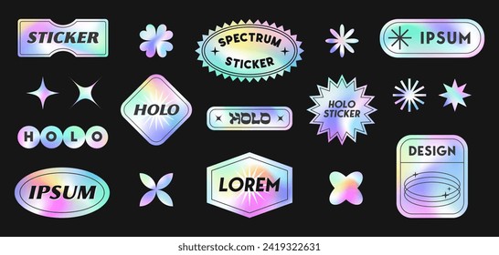 Vector set of holographic stickers and patches.Modern iridescent labels with copy space for text.Trendy cosmic emblems for banners,social media marketing,branding,packaging,offers