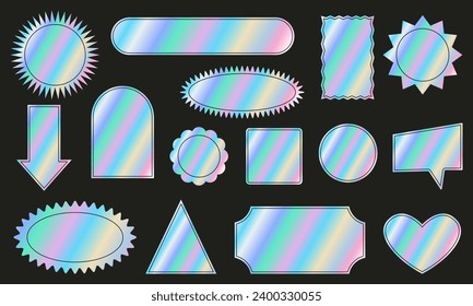 Vektorset holografischer Aufkleber. Regenbogen glänzen geometrische Formen. Vektorgrafik für Etiketten oder Tags