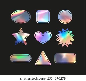 A vector set of holographic stickers in the shape of a star, circle, square, heart, triangle and rectangle. Icons with iridescent texture on a black background.