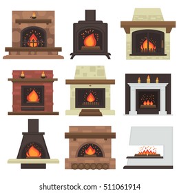 Vector Set Of Home Fireplaces With Fire. Different Fireplaces: Wood Burning And Electric, Coal And Gas, Bio-fuel Stove. Flat Icon Design. Illustration Isolated On White Background.