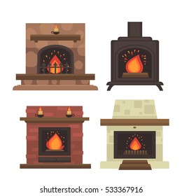 Vector Set Of Home Fireplaces With Fire. Different Fireplaces Wood Burning And Electric, Coal And Gas, Bio-fuel Stove. Flat Icon Design. Illustration Isolated On White Background.