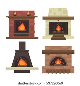 Vector set of home fireplaces with fire. Different fireplaces wood burning and electric, coal and gas, bio-fuel stove. Flat icon design. Illustration isolated on white background.