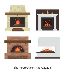 Juego de vectores de chimeneas de casa con fuego. Diferentes chimeneas de leña y cocina eléctrica, carbón y gas, cocina de biocombustible. Diseño de iconos planos. Ilustración aislada sobre fondo blanco.