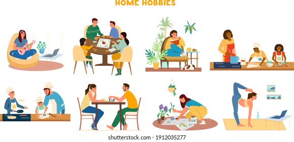 Conjunto Vector De Ilustraciones De Hobbies Domésticos. Actividades De Ocio En Casa Jugando A Ukulele, Juegos De Bodas, Lectura, Cocina, Jugando Ajedrez, Jardinería, Haciendo Yoga.