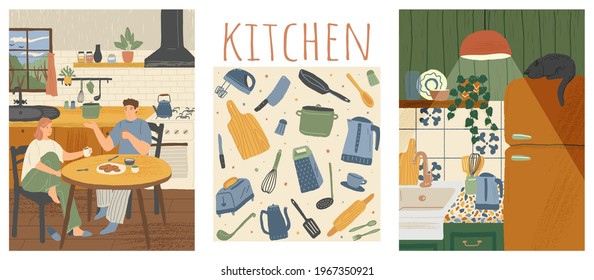 Vector set of home kitchen posters in cartoon hand drawn style. Family having breakfast at home in the kitchen. Cozy house interior. Poster with household utensil, kitchenware.