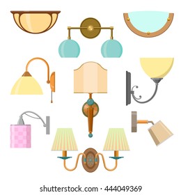 Vector set of home light in flat style. Illustration with lamps isolated on white background. Design elements and icons.