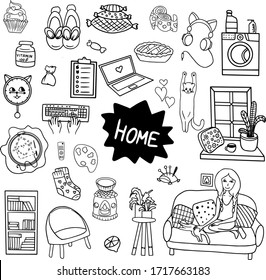 Vektorillustration Set Home and pelaxing with cat