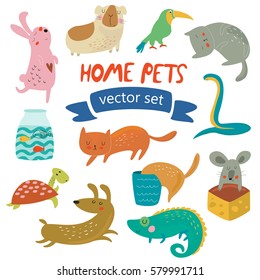 Vector set of home pets with cute animals in cartoon style