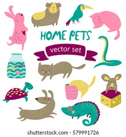 Vector set of home pets with cute animals in cartoon style