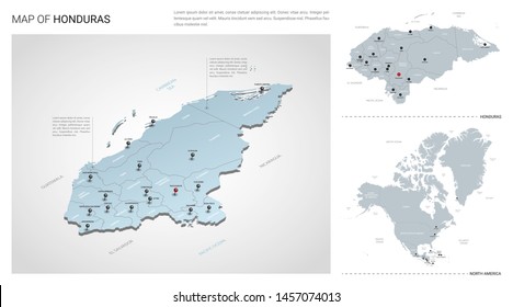 Vector set of Honduras country.  Isometric 3d map, Honduras map, North America map - with region, state names and city names.