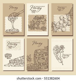 Vector set: honey backgrounds with a jar of honey, linden and honeycomb with a bee, hand drawn