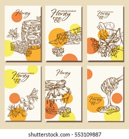 Vector set: honey backgrounds with a jar of honey, and honeycomb with a bee, hand drawn