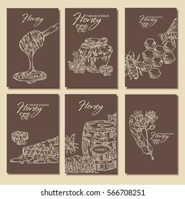 Vector set: honey backgrounds with a jar of honey, and honeycomb with a bee, hand drawn.