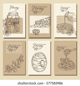 Vector set: honey backgrounds with a jar of honey, and honeycomb with a bee, hand drawn