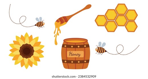 Vector set with honey and bees. Barrel with honey, bees, sunflower and honeycombs on a white background. Vector illustration. Beekeeping concept.