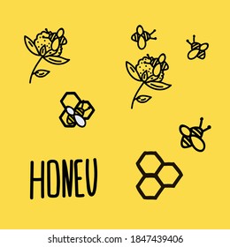 Conjunto vectorial de abejas y flores de miel. Hermosa colección de dibujos lineales a mano alzada al estilo de la miel Doodle y el peine de miel. Flores con abejas volando, hermoso logo. Ilustración del vector