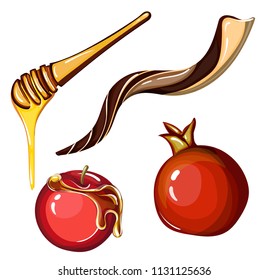Vector set with honey dipper, red apple, pomegranate and horn. Objects for Rosh Hashanah holiday design. Food isolated on white.