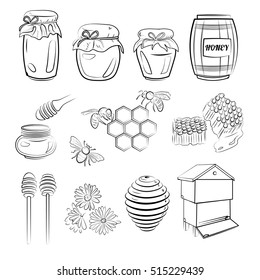 Vector set of  honey elements. Hand drawn bee, honey, spoon, stick, cells, hive, camomile. 