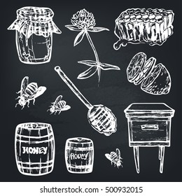 Vector Set with honey elements set. Honey jar, spoon, stick, cells, clover, beehive, bee, lemon, keg. Illustration for menus, recipes and packages product