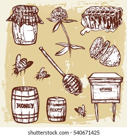 Vector Set with honey elements set. Honey jar, spoon, stick, cells, clover, beehive, bee, lemon, keg. Illustration for menus, recipes and packages product