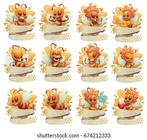 Vector set of honey emblems with honeycomb banners and with cartoon images of funny yellow-brown striped male and female bees with different actions and emotions on a white background. Insect, honey. 