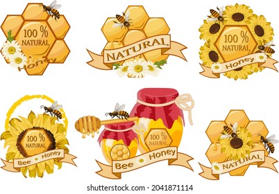 Vector set of honey emblems.Vector emblems with honey, honeycomb, bees and text are great for decorative purposes.