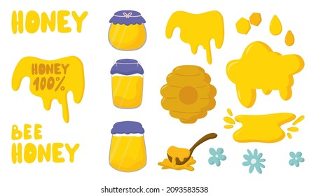 Vector set of honey jars, wooden spoon, beehive, drops, bee lettering, drips, drops, dies for text. Cartoon, flat style. Use for postcards, T-shirt printing, for children, advertising, brochures