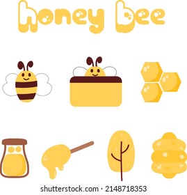 vector set with honey, pieces of honeycomb, flying bee. Hand drawn colored trendy vector illustration. Cartoon style flat design. All elements are isolated.