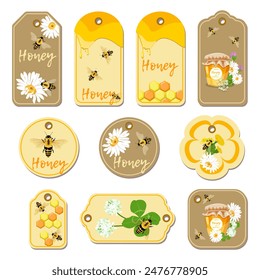 Vector set of honey shop badges, tags and labels, honey shop elements template with a jar of honey, honeycombs, bees, with wildflowers