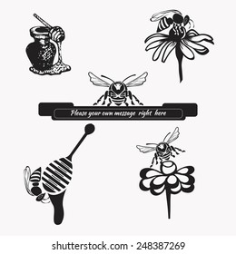 Vector set for honey sketches. Abstract design of a bee