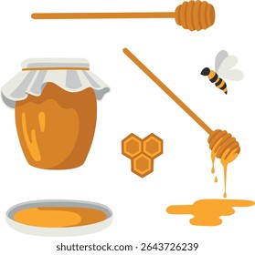 Vector set of honey theme elements: jar of honey, bee, honeycombs and honey dipper. Perfect for product design, web, textile, wallpaper, wrapping paper etc