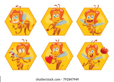 Vector set of honeycomb frames with cartoon images of funny yellow-brown striped female bees with red hair with different actions and emotions on a white background. Beehive, honey, honeycomb.